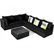 Costway 7 Pieces Outdoor Sectional Wicker Furniture Sofa Set with Tempered Glass Top and Cushions-Black