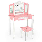 Gymax Kids Vanity Princess Makeup Dressing Table Chair Set W/ Tri-folding Mirror
