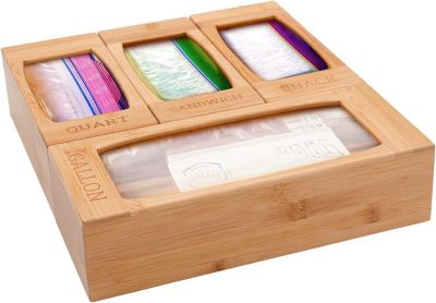 KOVOT Bamboo Ziplock Bags Drawer Organizer - Bamboo Wood Storage Organizer with 4 Separate Containers - Quart, Sandwich, Snack, Gallon - Basic Sorting Box for Kitchen, Counter, Drawers, Table