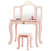 Gymax Kids Makeup Dressing Table Chair Set Princess Vanity & Tri-folding Mirror Pink