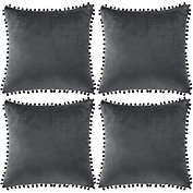 PiccoCasa Velvet Pillow Covers, 4 Pieces Pom Pom Christmas Throw Pillow Cover, Square Solid Soft Cushion Covers for Sofa Couch Bedroom Car, Dark Gray, 16"x16"