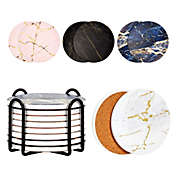 Juvale Set of 8 Ceramic Gold Marble Table Coasters for Drinks with Holder and Cork Base, 4 Colors (4 Inches)