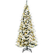 Slickblue Pre-lit Snow Flocked Christmas Tree with Berries and Poinsettia Flowers-6&#39;