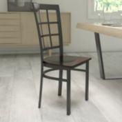 Emma + Oliver Black Window Back Metal Restaurant Chair - Walnut Wood Seat