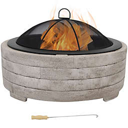Sunnydaze Outdoor Large Round Faux Stone Fire Pit with Handles, Log Poker, and Spark Screen - 35