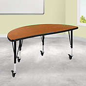 Flash Furniture Mobile 47.5" Half Circle Wave Collaborative Oak Thermal Laminate Activity Table - Height Adjustable Short Legs