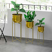 Benzara DunaWest 40, 30, 20 Inch High Brass Raised Planter with Stand, Set of 3, Gold