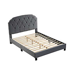 Best Master Furniture  Hamin Gray Velvet Queen Platform Bed with Nailhead Trim