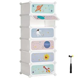 SONGMICS Kids' Shoe Rack with Doors, 6-Slot Stackable Storage Organizer, Plastic Wardrobe, Toys, Books, Clothes, 16.9 x 12.2 x 41.3 Inches, White