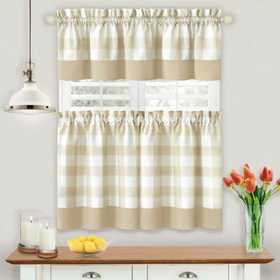 Kate Aurora Modern Country Farmhouse 3 Piece Plaid Checkered Cafe Kitchen Curtain Tier & Valance Set - 36 in - Linen/Taupe