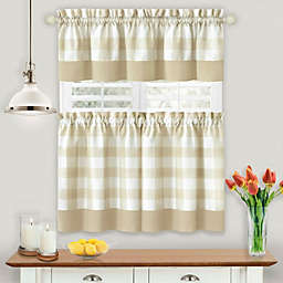 Kate Aurora Modern Country Farmhouse 3 Piece Plaid Checkered Cafe Kitchen Curtain Tier & Valance Set - 36 in - Linen/Taupe