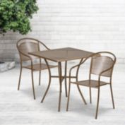 Flash Furniture Oia Commercial Grade 28" Square Gold Indoor-Outdoor Steel Patio Table Set with 2 Round Back Chairs