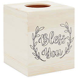 Bright Creations Unfinished Wood Tissue Box Cover, Bless You DIY Wooden Home Decor (5 x 5.8 In)