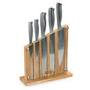 Wolfgang Puck 6-Piece Stainless Steel Knife Set with Knife Block; Carbon Stainless Steel Blades and Ergonomic Handles; Blonde Wood Block with Acrylic Safety Shield; Chef Quality Cutlery and Knife Set
