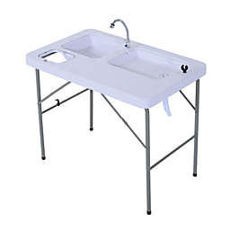 Outsunny Portable Folding Camping Sink Table with Faucet and Dual Water Basins, Outdoor Fish Table Sink, 40''