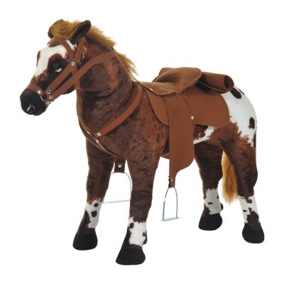 Qaba Kids Standing Ride-On Horse Toddler Plush Interactive Toy with Sound -Dark Brown/White