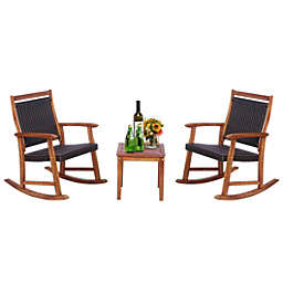 Costway-CA 3 Pieces Acacia Wood Patio Rocking Chair Set with Side Table