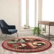 Flash Furniture Gallus Collection 6&#39; x 6&#39; Round Red Rooster Themed Olefin Area Rug with Jute Backing for Kitchen, Living Room, Bedroom