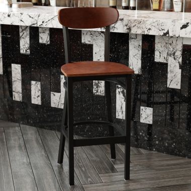 Flash Furniture Wright Set of 2 Commercial Grade Barstools with 500 LB. Capacity Black Steel Frame, Solid Wood Seat, and Boomerang Back, Walnut Finish. View a larger version of this product image.
