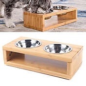 Stock Preferred Pet Food Water Feeding Bowl w/ Rack and 2 Bowls in Brown