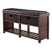 Colin Storage Bench with Seat Cushion and 2 Foldable Corn Husk Baskets, Cappuccino, Espresso and Chocolate