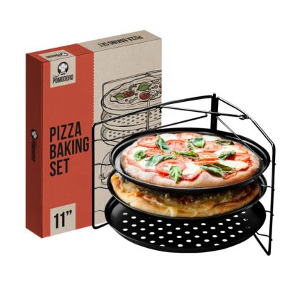 Chef Pomodoro Pizza Baking Set with 3 Pizza Pans and Pizza Rack, Non-stick Perforated Pizza Trays, for Oven, Grill, Barbeque (11-Inch Pans)
