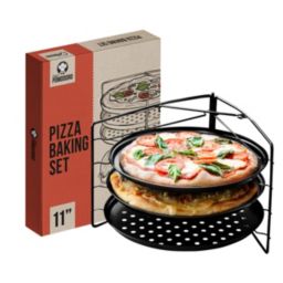 Chef Pomodoro Pizza Baking Set with 3 Pizza Pans and Pizza Rack, Non-Stick Perforated Pizza Trays, for Oven