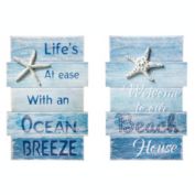 Urban Trends Collection Wood Rectangle Wall Art with Embossed Starfish and "Beach Quotes" on Uneven Size Frame Distressed Finish Ocean Blue