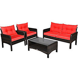 Costway-CA 4 Pcs Outdoor Rattan Wicker Loveseat Furniture Set with Cushions-Red