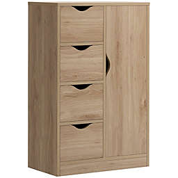 HOMCOM Modern Storage Cabinet Slim Chest Freestanding Storage Organizer with Four Drawers for Bedroom & Living Room, Oak