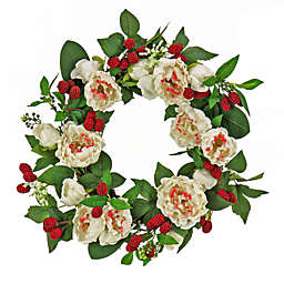 CC Christmas Decor Peony and Raspberry Spring Floral Wreath, Beige 22-Inch