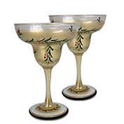 Crafted Creations Set of 2 Gold Christmas Garland Hand Painted Margarita Drinking Glasses Glasses 7"