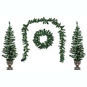 Good Tidings Classic Holiday 4- Piece Porch Set, Lit Wreath, Garland and 2 Trees