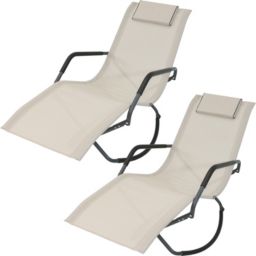 Sunnydaze Outdoor Folding Rocking Chaise Lounge Chair with Headrest Pillows - Beige - 2pk