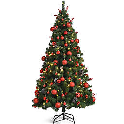 Gymax 5/6/7 FT Pre-lit Artificial Christmas Tree Hinged Xmas Tree Holiday Decoration