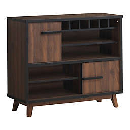 Saltoro Sherpi Mid Century Wooden Wine Cabinet with 2 Sliding Doors and 6 Cubies, Brown-