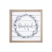 Urban Trends Collection Wood Square Wall Art with Frame, Printed "Grateful" and Petals Design Painted Finish White