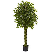 Nearly Natural Indoor/Outdoor 5&#39; Ficus Artificial Tree with Woven Trunk, UV Resistant