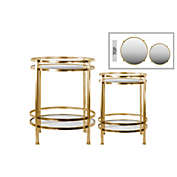 Urban Metal Round Table with Beveled Mirror Base and Clear Glass Top Set of Two Distressed Metallic Finish Gold