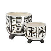 Kingston Living Set of 2 White and Black Ceramic Outdoor Footed Planters 8"