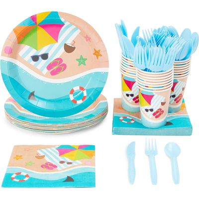 Blue Panda 144 Piece Beach Theme Party Supplies, Summer Dinnerware Set with Plates, Napkins, Cups, and Cutlery (Serves 24)