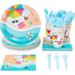 Blue Panda 144 Piece Beach Theme Party Supplies, Summer Dinnerware Set with Plates, Napkins, Cups, and Cutlery (Serves 24)