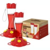 MEKKAPRO Two-Pack Outdoor Hummingbird Feeder Made from Glass, 10oz, Hanging 5 Nectar Feeding Stations, Bright Red, Backyard Feeder (10 Ounce - 2 Pack)
