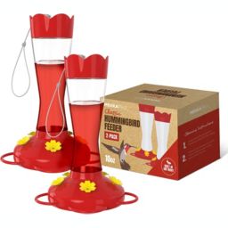 MEKKAPRO Two-Pack Outdoor Hummingbird Feeder Made from Glass, 10oz, Hanging 5 Nectar Feeding Stations, Bright Red, Backyard Feeder (10 Ounce - 2 Pack)