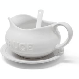 KOVOT 24 Oz Gravy Boat, Tray and Ladle   Ceramic White Gravy Dish With The Word 