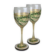 Golden Hill Studio Set of 2 Gold Christmas Garland Hand Painted Wine Drinking Glasses Glasses 8"