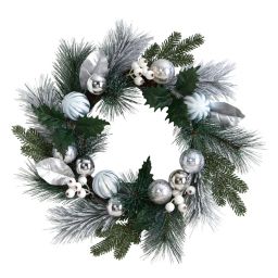 Nearly Natural Pinecones and Berries with Silver Ornaments Artificial Christmas Wreath, 24-Inch, Unlit