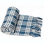 Myne Throw Blanket Plaid Design 50&quot;x60&quot;, Blue and White