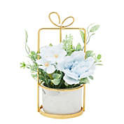 Juvale Faux Hydrangea Flowers and Ceramic Planter with Stand, Artificial Potted Plants