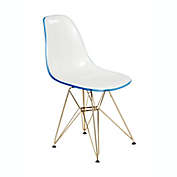 LeisureMod Cresco Molded 2-Tone Plastic Eiffel Side Chair with Gold Base - White Blue